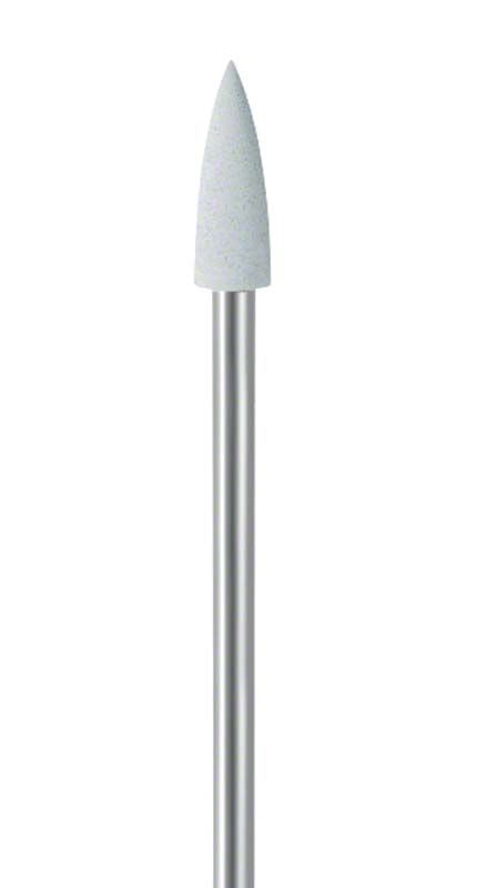 Weißer, montierter Dentalpolierer auf Metallstiel.