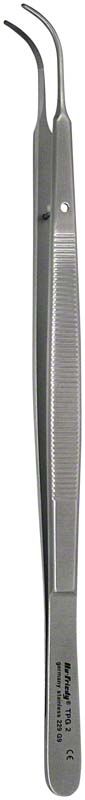 Anatomische gebogene Pinzette mit geriefter Oberfläche für präzise Handhabung.