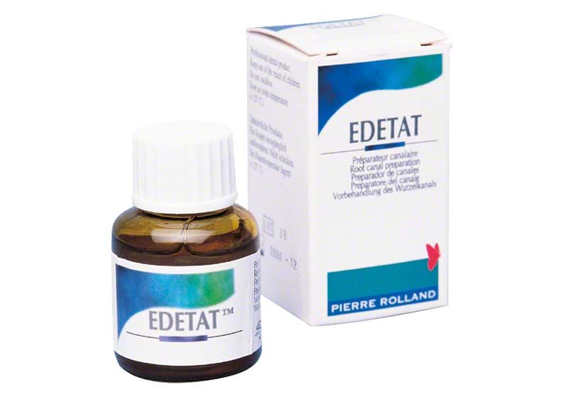 Braunes Glasfläschchen und Verpackung von Edetat Wurzelkanalpräparat.