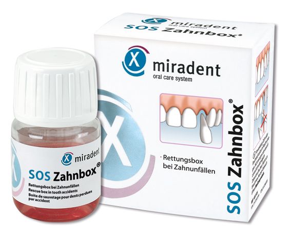 miradent SOS-Zahnbox® mit Nährlösung und Verpackung zur Zahnrettung