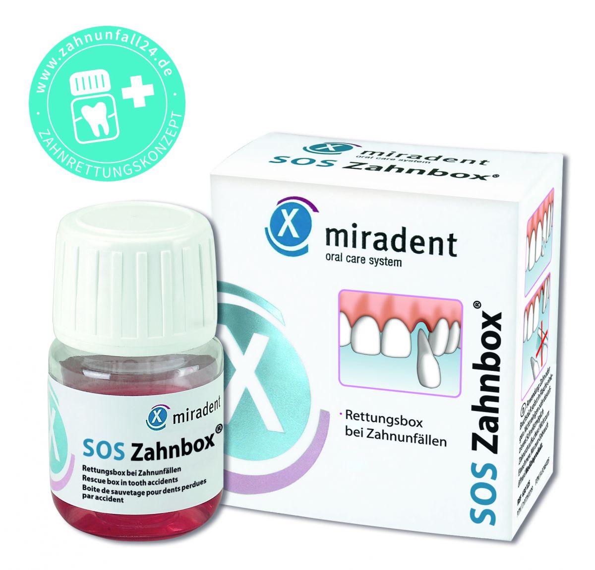 miradent SOS-Zahnbox® mit Nährlösung und Verpackung für Zahnerhalt