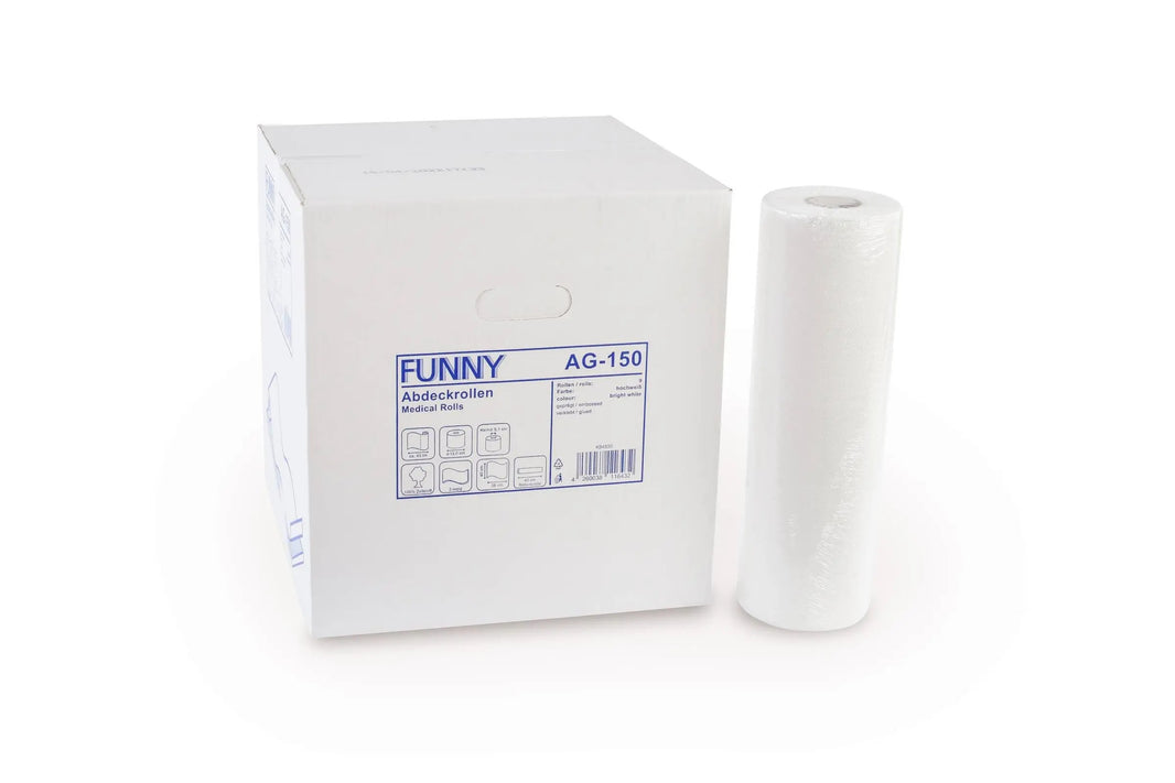 Ärzterolle aus zweilagigem Tissue-Papier neben Verpackung mit Produktinformationen.