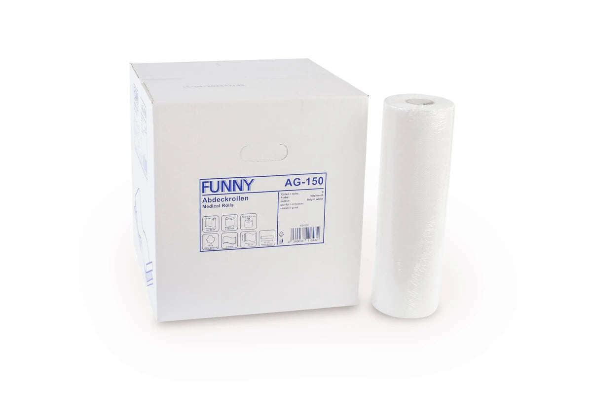 Ärzterolle aus zweilagigem Tissue-Papier neben Verpackung mit Produktinformationen.