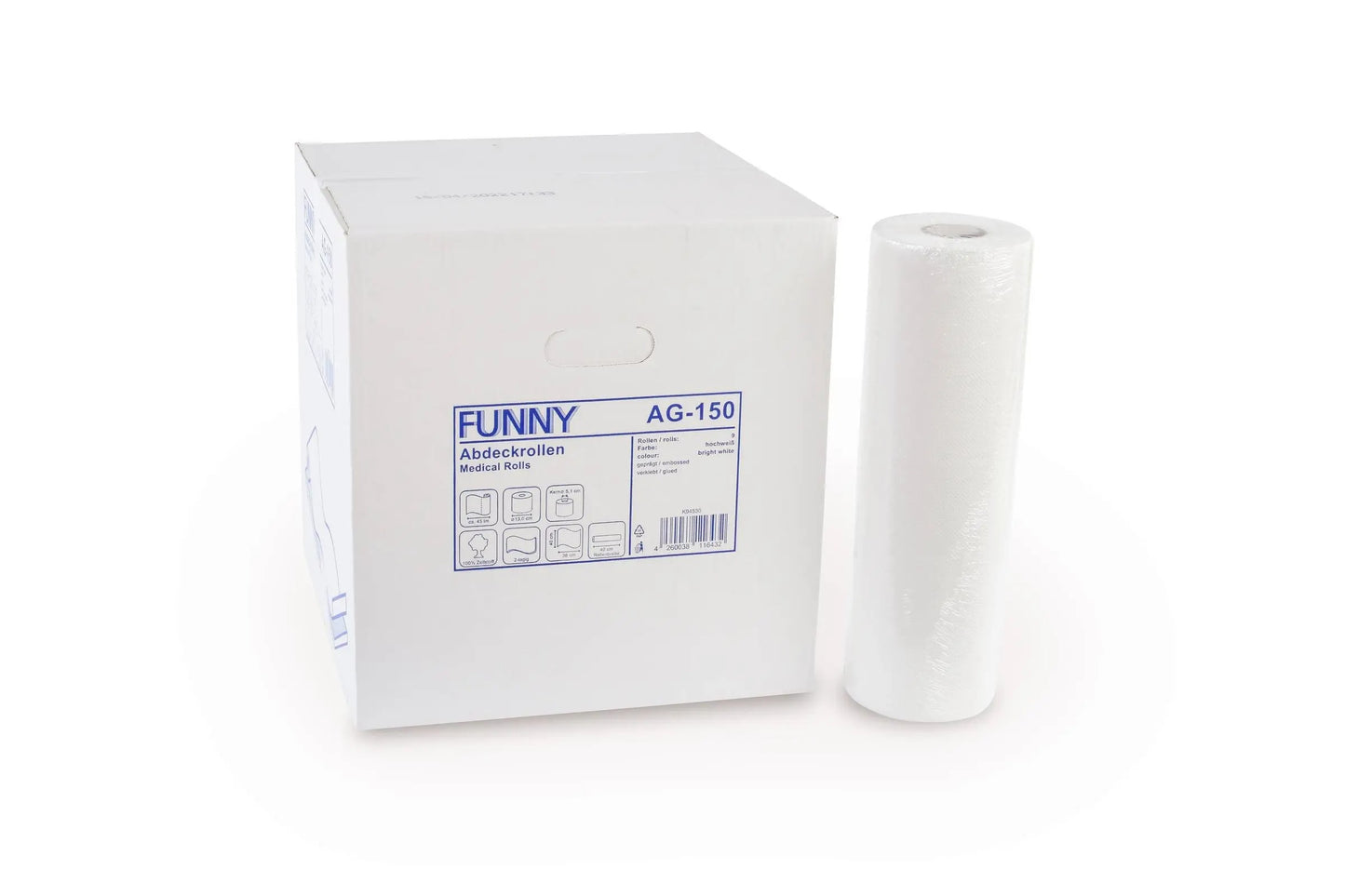 Ärzterolle aus zweilagigem Tissue-Papier neben Verpackung mit Produktinformationen.