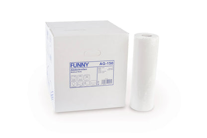 Ärzterolle aus zweilagigem Tissue-Papier neben Verpackung mit Produktinformationen.