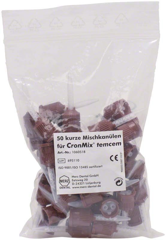 50 kurze Mischkanülen für CronMix® temcem in transparenter Verpackung.