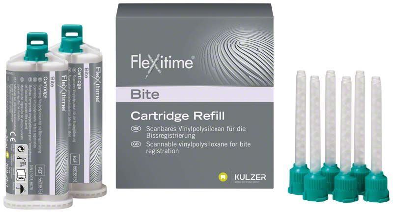 Flexitime Bite Kartuschen 2 x 50ml mit Zubehör auf weißem Hintergrund.