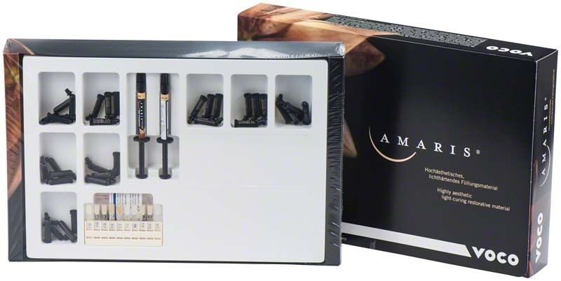 Amaris Caps Einstiegs-Set von Voco mit lichthärtendem Füllungsmaterial in Verpackung.