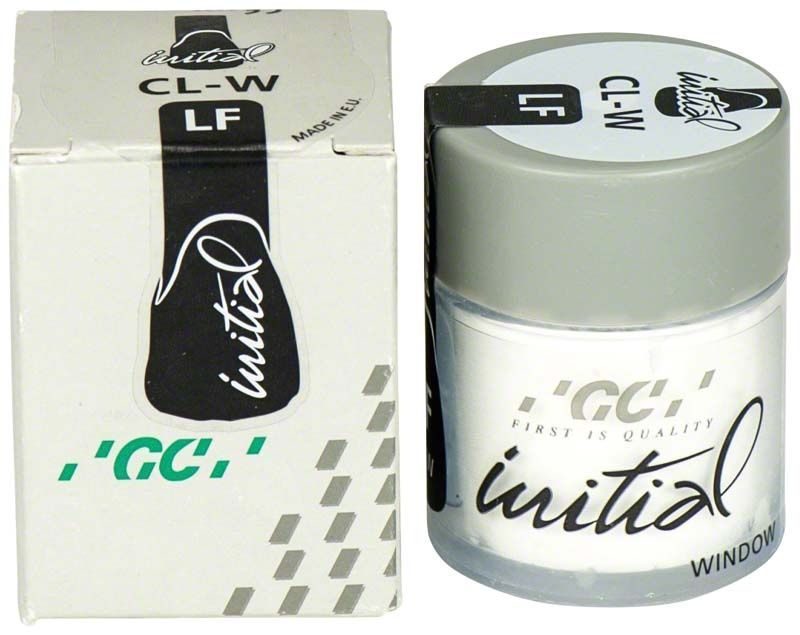 GC Initial LF Clear Window CL-W Glasur in transparenter Dose neben Verpackung.