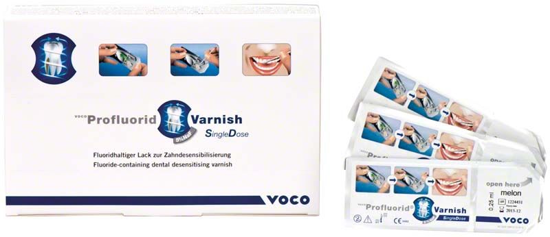 VOCO Profluorid® Varnish SingleDose-Packung mit Melonengeschmack und Produktabbildungen.