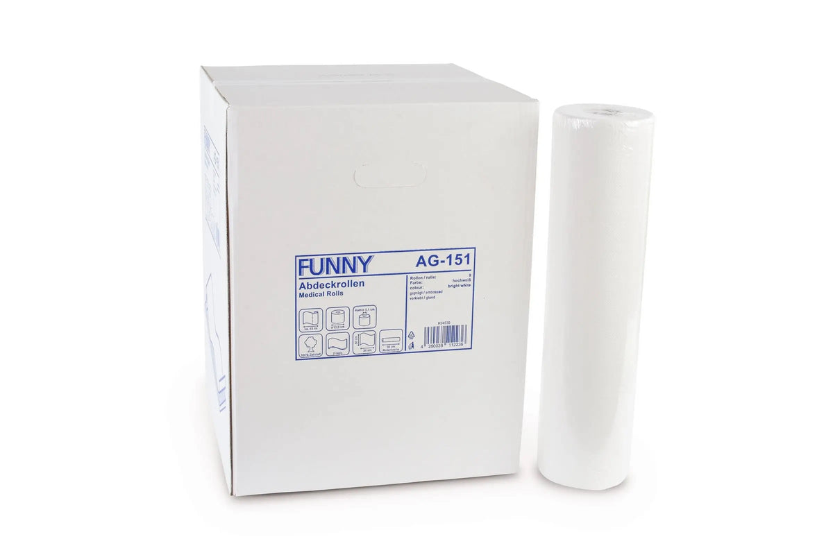 Ärzterolle neben weißer Verpackung mit blauer Aufschrift und Piktogrammen.