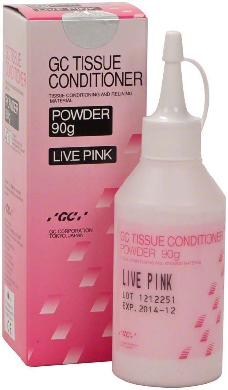 GC Tissue Conditioner Pulver 90g, Live Pink, Flasche mit Verpackung.