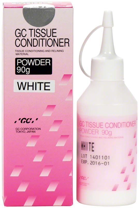 GC Tissue Conditioner Pulver weiß, Flasche und Verpackung mit 90g Inhalt.