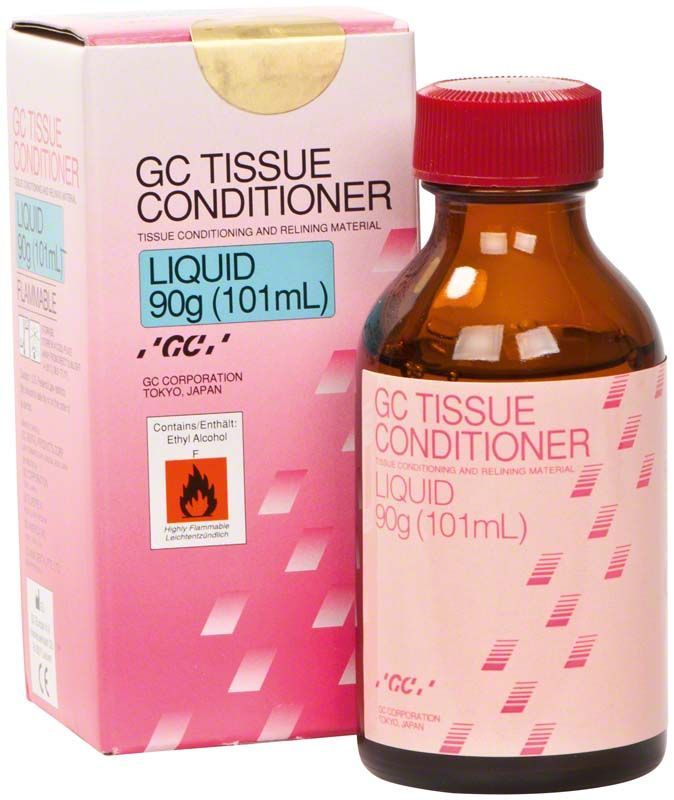 GC Tissue Conditioner Flüssigkeit 90g Flasche und Verpackung mit Etikett.