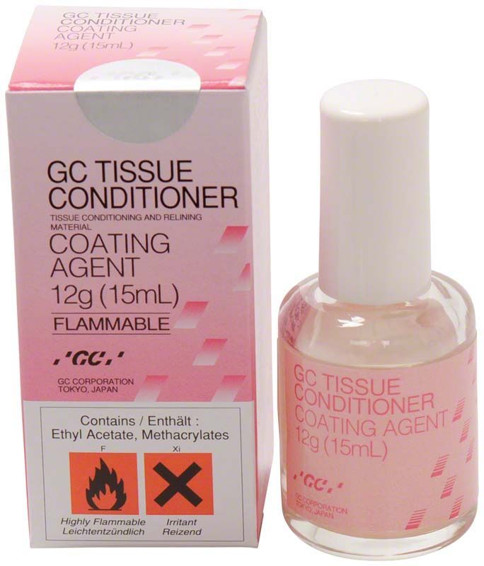 GC Tissue Conditioner Coating Agent, 12g Flasche neben Verpackung.
