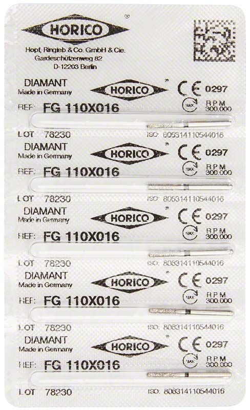 Blisterverpackung mit Diamant FG 110X 016 Dentalbohrern von Horico.
