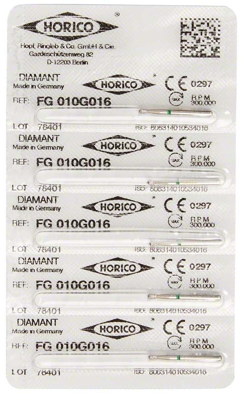 Verpackung mit Diamant FG 010G 016 Schleifinstrumenten, sterilisiert und einzeln verpackt.
