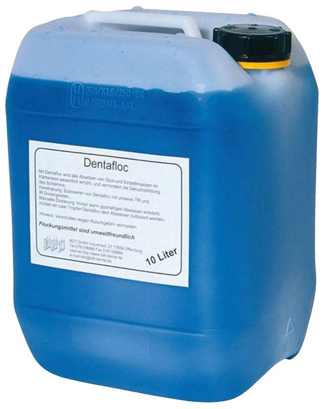 Blauer 10-Liter-Kanister Dentafloc mit Etikett für Gipsabscheider.