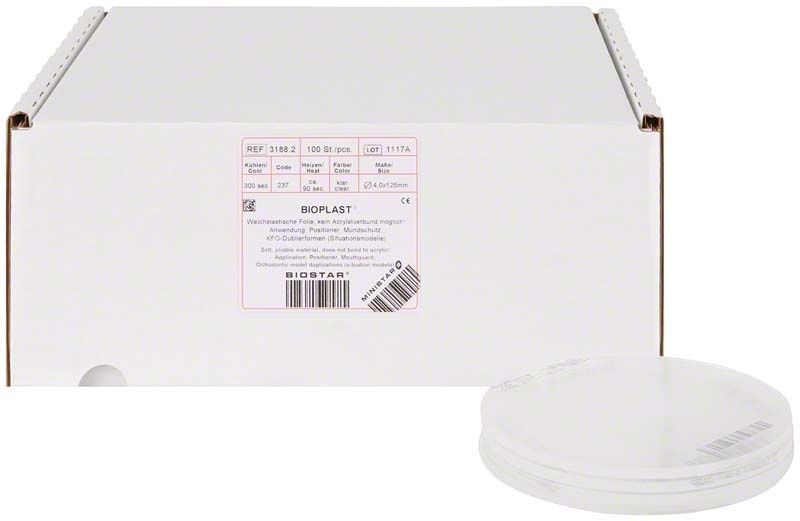 Weichelastische, gummiähnliche Tiefziehfolien in weißer Verpackung von BIOPLAST® 100er.