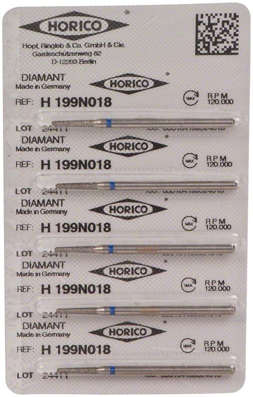 Verpackung von Diamant H 199N 018 Dentalbohrern, Made in Germany.