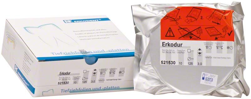 Erkodur Tiefziehfolie, klar, Ø125mm x 3,0mm, mit Verpackung.