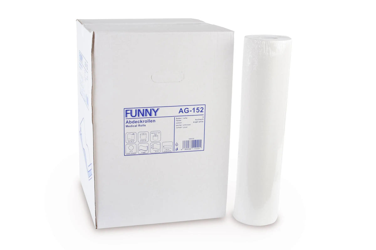 Ärzterolle neben weißer Verpackung mit blauem Etikett und Produktinformationen.