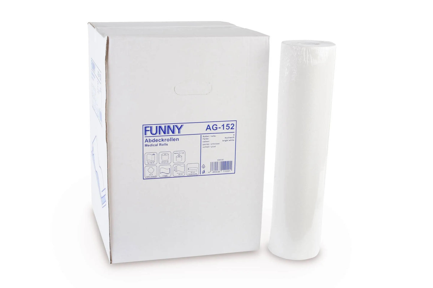 Ärzterolle neben weißer Verpackung mit blauem Etikett und Produktinformationen.