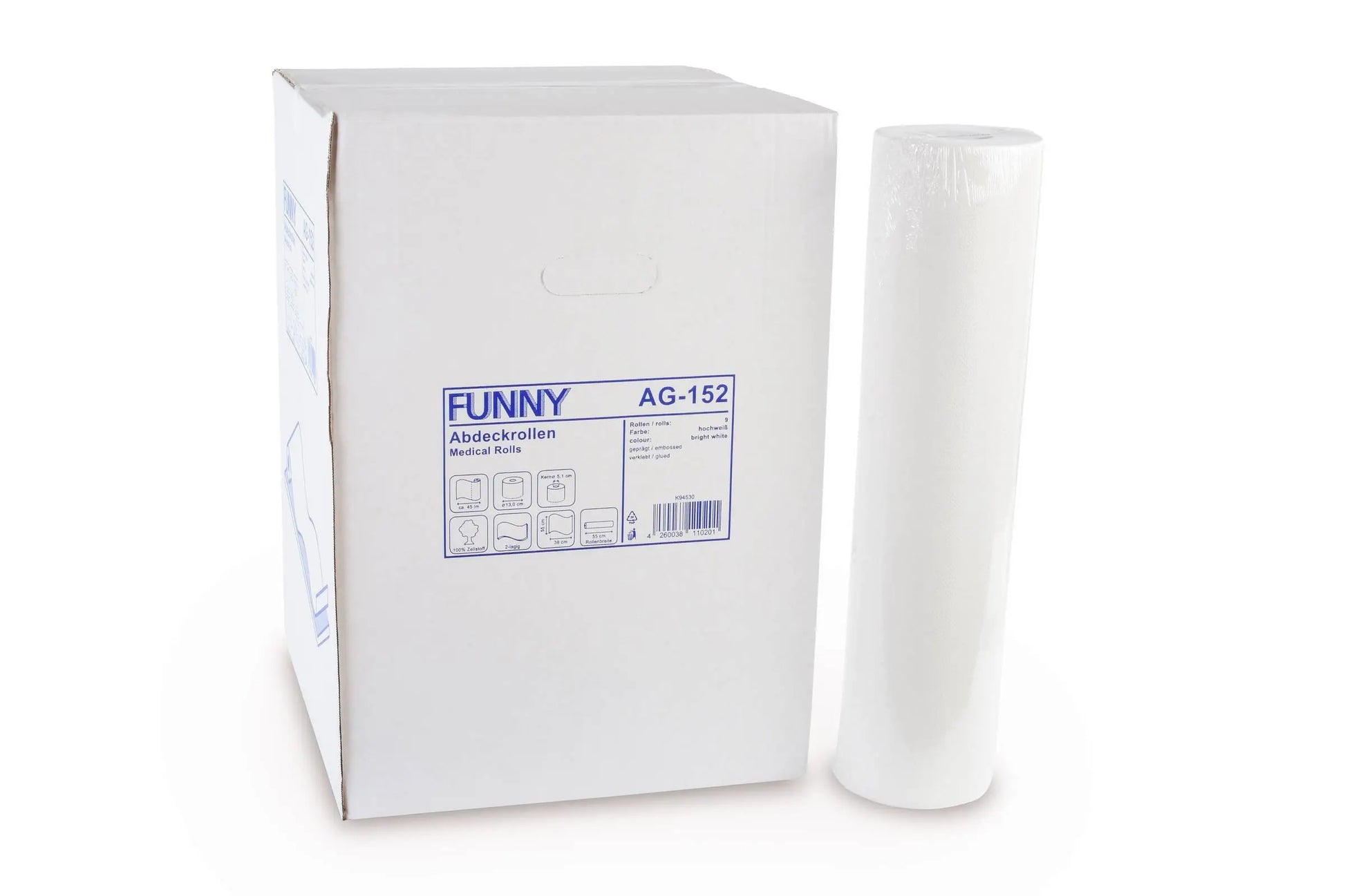 Ärzterolle neben weißer Verpackung mit blauem Etikett und Produktinformationen.