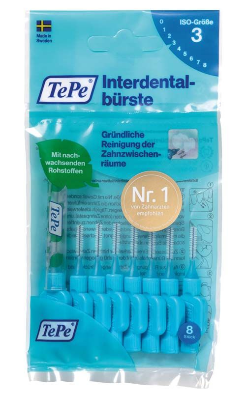TePe Interdentalbürsten Original, grau, Verpackung mit 8 Bürsten und Größenangabe.