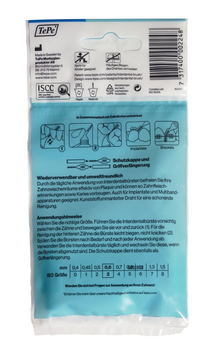 Verpackung der grünen Interdentalbürsten Original mit Anwendungsanleitung und Größenübersicht.