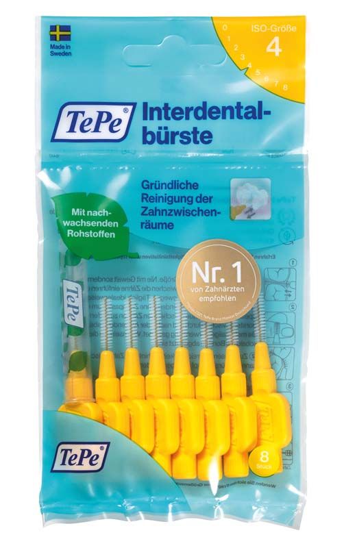Gelbe TePe Interdentalbürste mit ergonomischem Griff und Kunststoffummantelung.