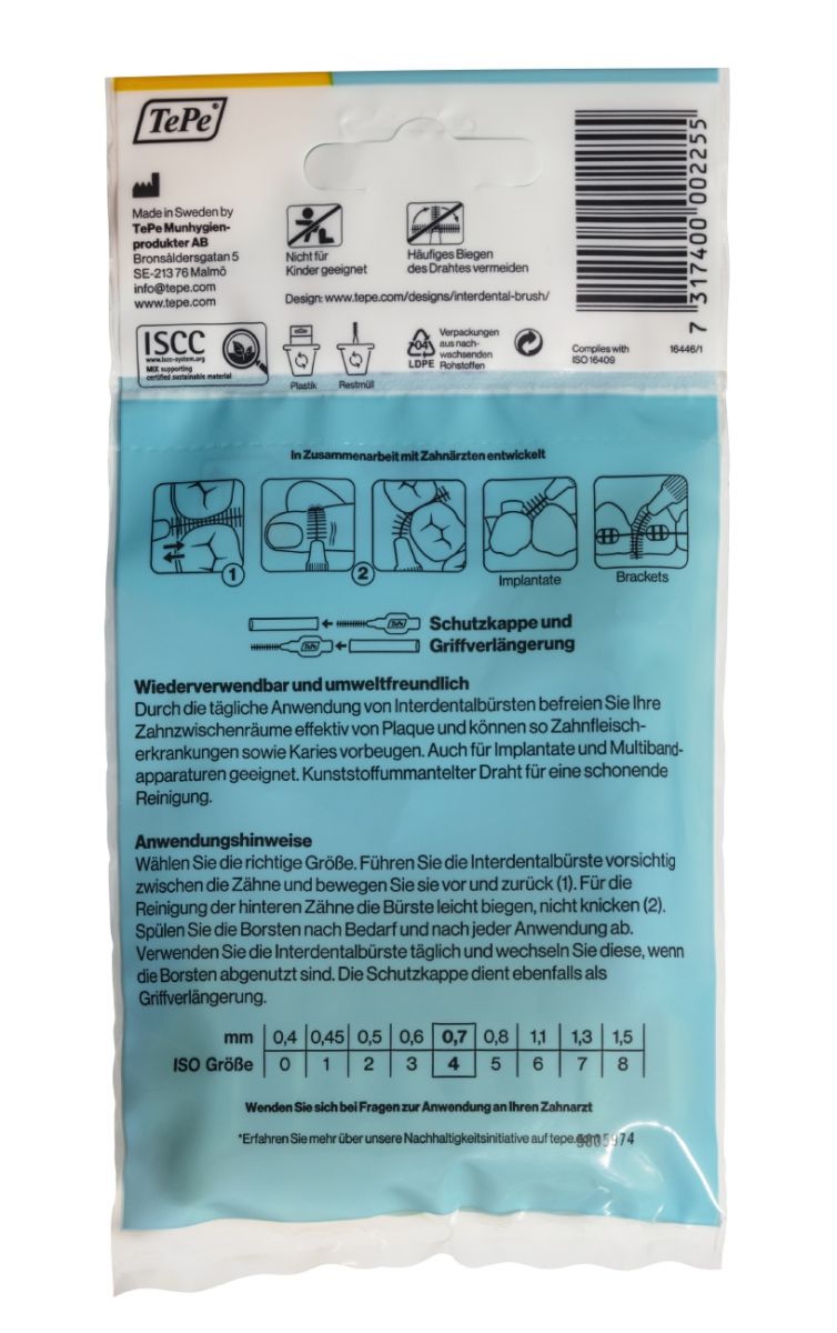 Verpackung der grünen TePe Interdentalbürsten Original mit Größenangaben und Anwendungshinweisen.