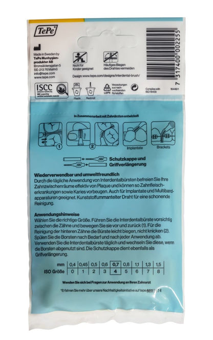 Verpackung der grünen TePe Interdentalbürsten Original mit Größenangaben und Anwendungshinweisen.