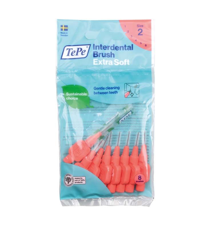 TePe Interdentalbürsten Extra Soft in Größe 2, orange, in ungeöffneter Verpackung.