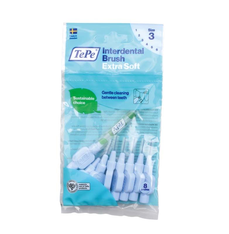 Hellblaue TePe Interdentalbürsten Extra Soft Größe 3 in Originalverpackung.