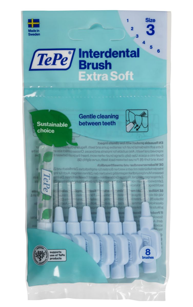 Hellgelbe TePe Interdentalbürsten Extra Soft in geschlossener Verpackung mit Größenangabe.