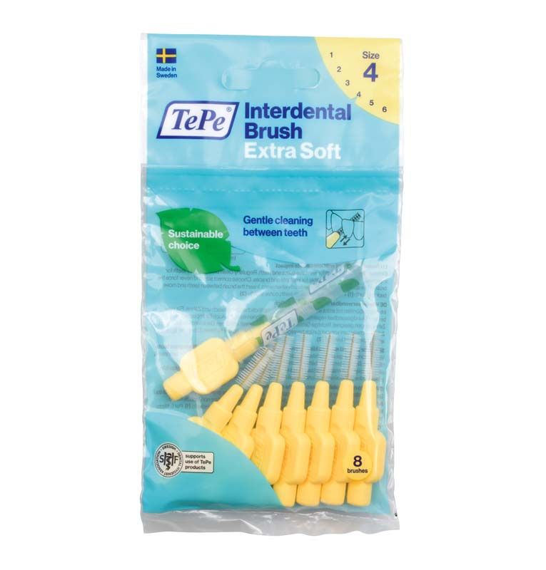 TePe Interdentalbürsten Extra Soft in gelber Verpackung, Größe 4, nachhaltige Wahl.