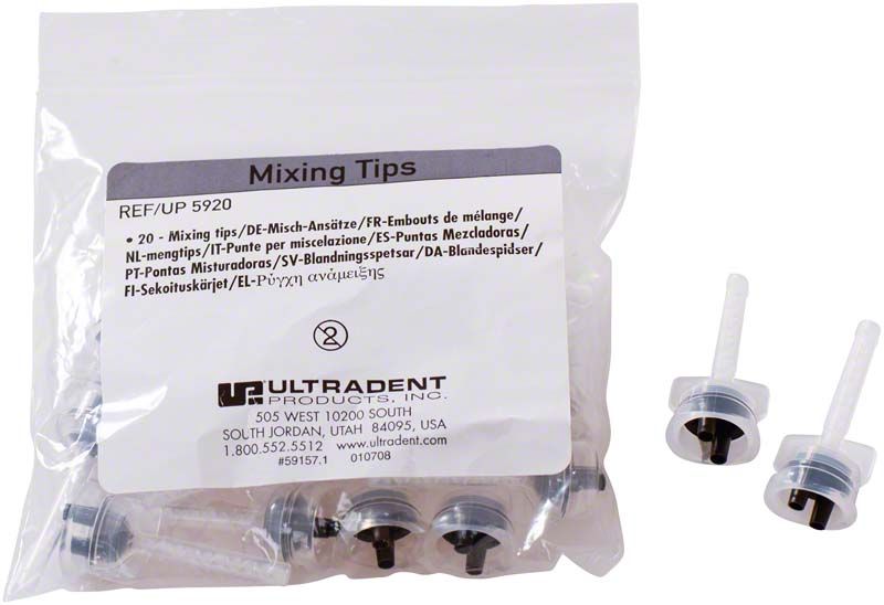 Transparente Verpackung mit Ultra Temp Mischkanülen und Produktinformationen.