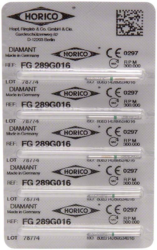 Blisterpackung mit fünf Diamant-Fräsern FG 289G 016 von Horico.