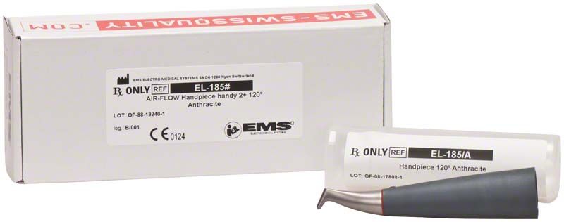 AIRFLOW® handy 2+ Handstück 120° in Anthrazit vor Verpackung.