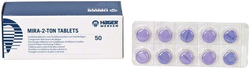 Mira-2-Ton® Plaquefärbetabletten, Verpackung mit 50 Tabletten und Blisterpackung.