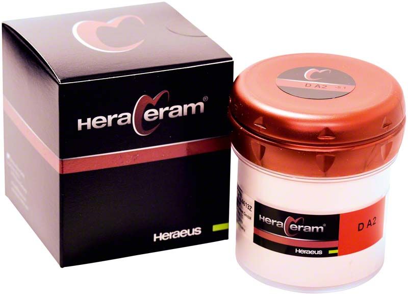 HeraCeram® Dentin DA2 Zahntechnische Keramik, 100g Dose neben Verpackung.