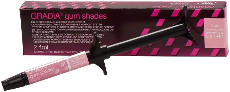 Gradia Gum Translucent GT41 Komposit-Spritze mit Verpackung im Hintergrund.