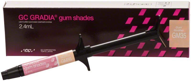 Spritze mit Gradia Gum Modifier GM35 vor Verpackung.
