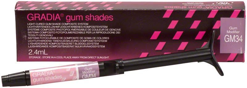 Gradia Gum Modifier GM34 in Spritze mit Verpackung im Hintergrund.