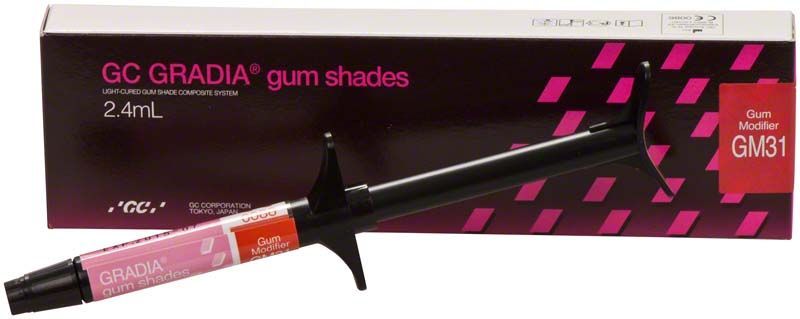Gradia Gum Modifier GM31 in Spritze mit Verpackung im Hintergrund