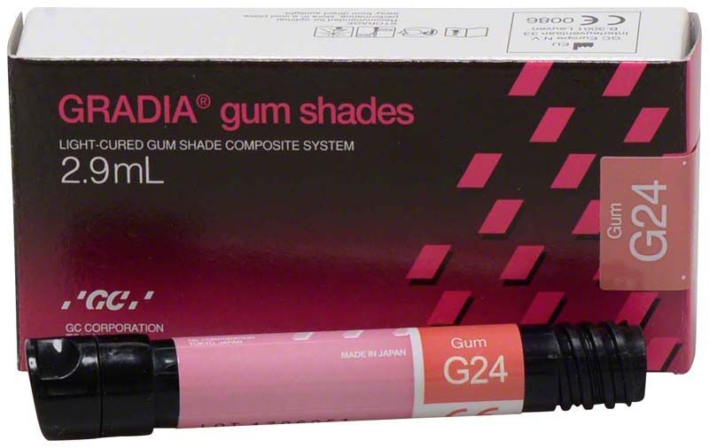 Verpackung des Gradia Gum G24 Verblendkunststoffsystems mit 2,9 mL Inhalt.