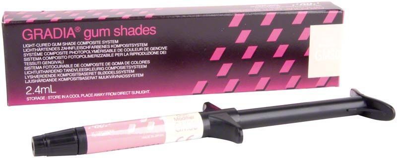 Gradia Gum Modifier GM30 in rosa Spritze mit Verpackung im Hintergrund