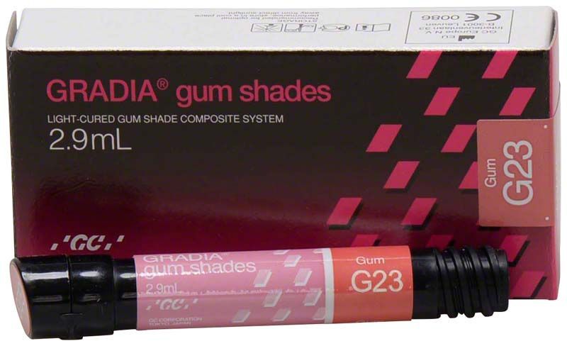 Gradia Gum G23 Verblendkunststoffsystem mit Verpackung und 2,9 mL Tube.