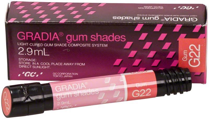 GRADIA® Gum G22 Zahnfleisch-Komposit vor Verpackung auf weißem Hintergrund.